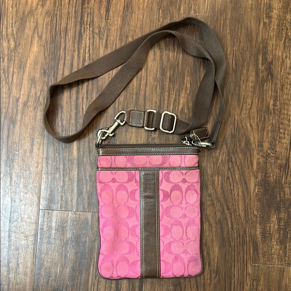 Coach Legacy Signature Swingpack Crossbody Bag Pink + Brown Leather Trim Purse